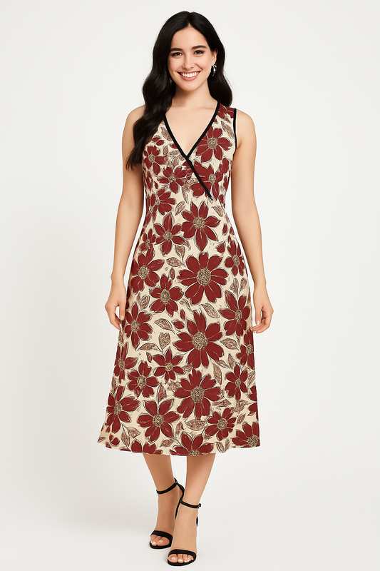 Adora Milano Cream Flower With Red Flower Print  V-neck Sleeveless Dress