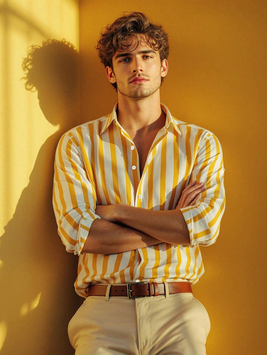Adora Milano Casual Long Sleeve Button Down Shirt with Stripes, Suitable for Autumn and Christmas Yellow