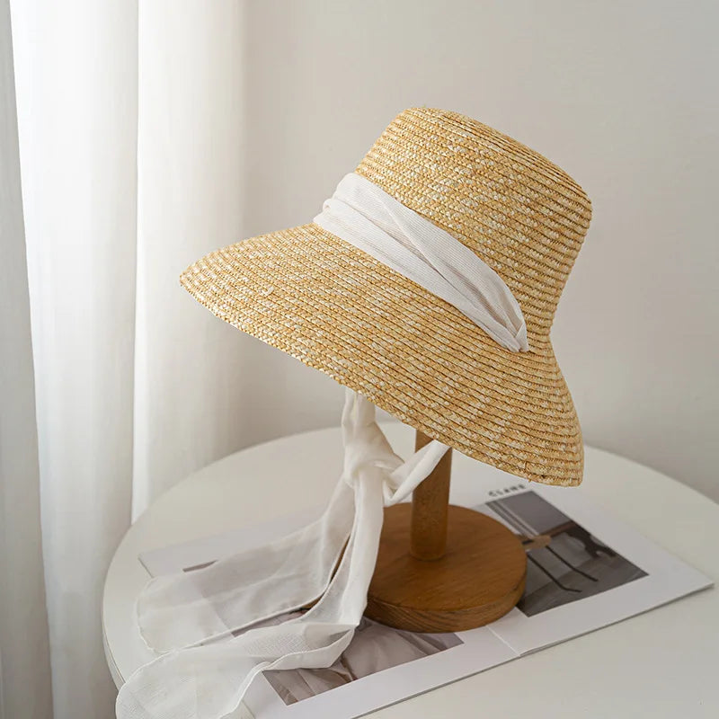 Hepburn Style Summer Straw Hat French Elegant Ladies Seaside Travel Sun Hat Bow Ribbon Flat Top Wide Brim Straw Hat 여름모자