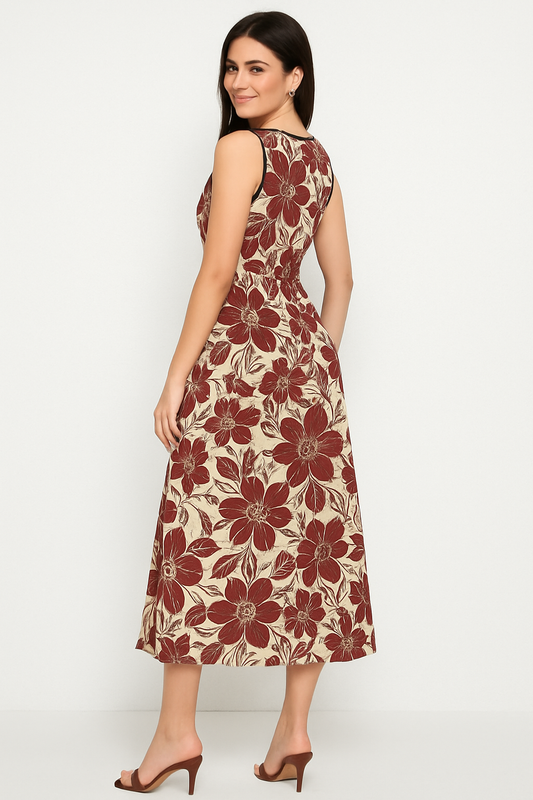 Adora Milano Cream Flower With Red Flower Print  V-neck Sleeveless Dress