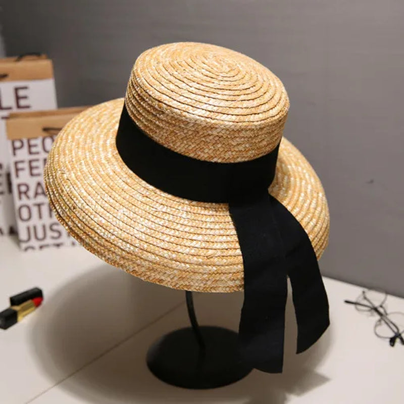 Hepburn Style Summer Straw Hat French Elegant Ladies Seaside Travel Sun Hat Bow Ribbon Flat Top Wide Brim Straw Hat 여름모자
