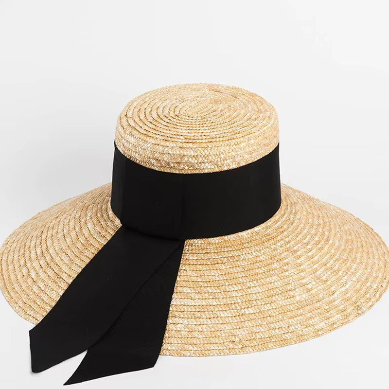 Hepburn Style Summer Straw Hat French Elegant Ladies Seaside Travel Sun Hat Bow Ribbon Flat Top Wide Brim Straw Hat 여름모자