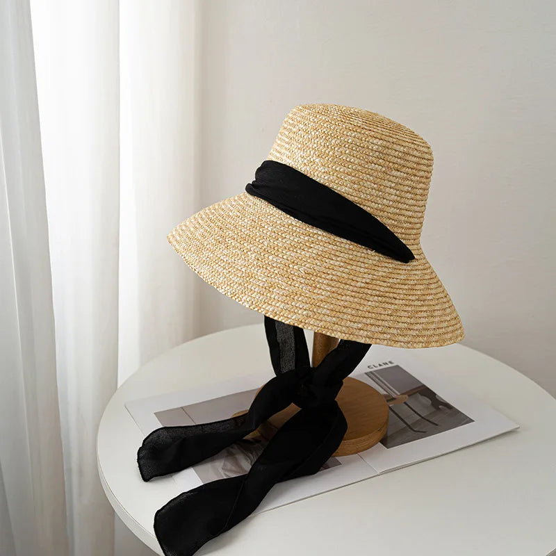 Hepburn Style Summer Straw Hat French Elegant Ladies Seaside Travel Sun Hat Bow Ribbon Flat Top Wide Brim Straw Hat 여름모자