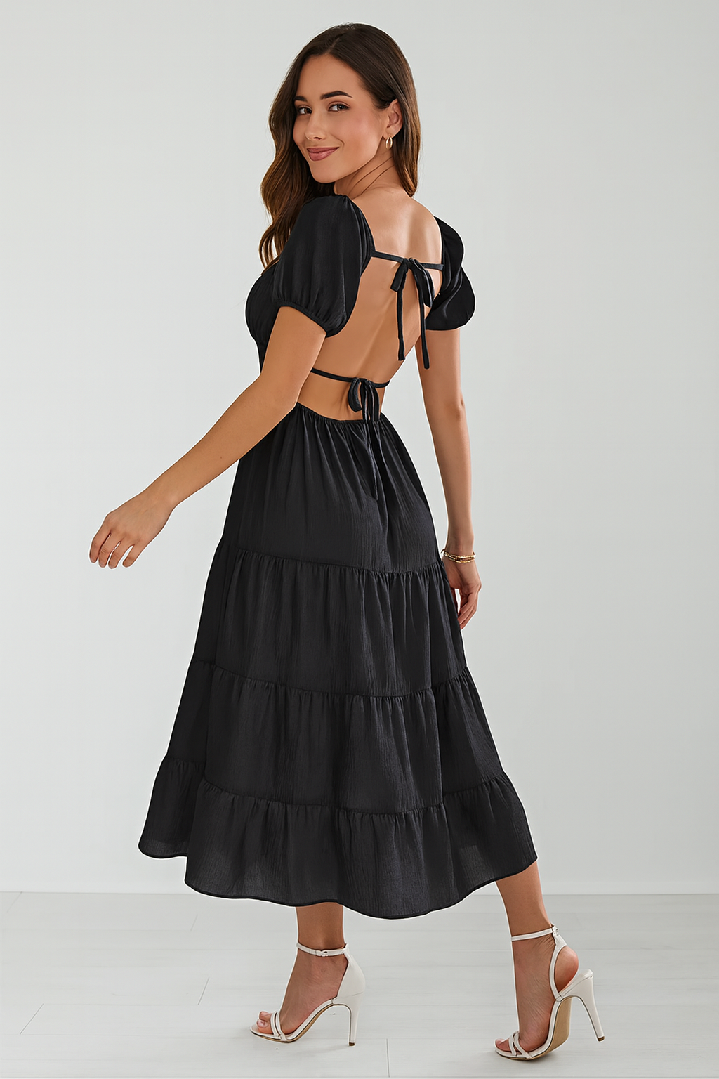 Adora Milano Backless Tiered Puff Sleeve Midi Dress ADORA FASHION MI Adora Milano Backless Tiered Puff Sleeve Midi Dress ADORA FASHION MI