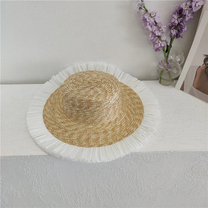 Hepburn Style Summer Straw Hat French Elegant Ladies Seaside Travel Sun Hat Bow Ribbon Flat Top Wide Brim Straw Hat 여름모자