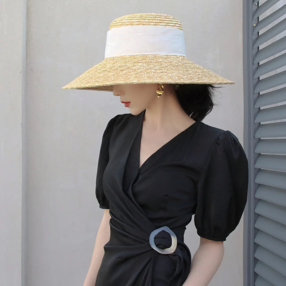 Hepburn Style Summer Straw Hat French Elegant Ladies Seaside Travel Sun Hat Bow Ribbon Flat Top Wide Brim Straw Hat 여름모자