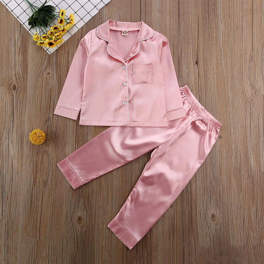 Adora Milano Autumn Winter Pajamas Set Solid Long Sleeve Button Tops+Long Pants Girls
