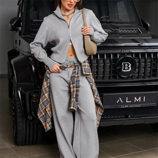 Fashion Women's  Cardigan Wide Leg Pants Set Trendy Slim Fit Cropped