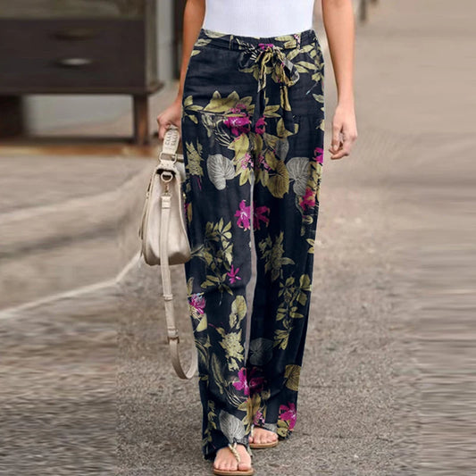Adora Milano Women Drawstring Trousers Spring Autumn Fashion Floral Printed Wide Leg Pants Ladies Casual