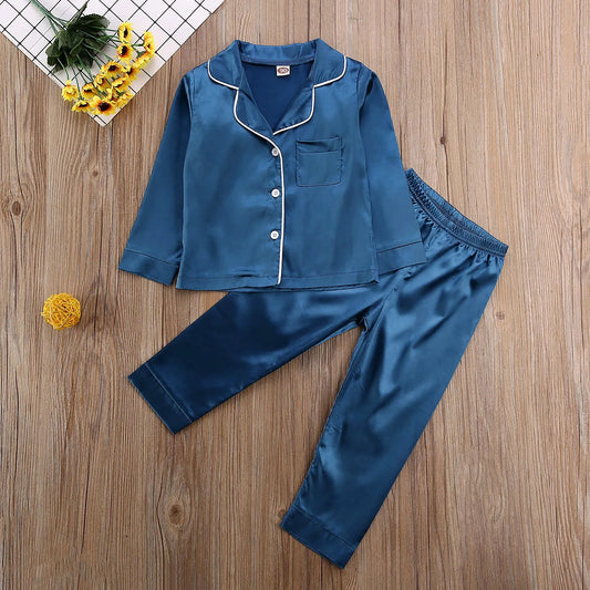 Adora Milano Autumn Winter Pajamas Set Solid Long Sleeve Button Tops+Long Pants Girls