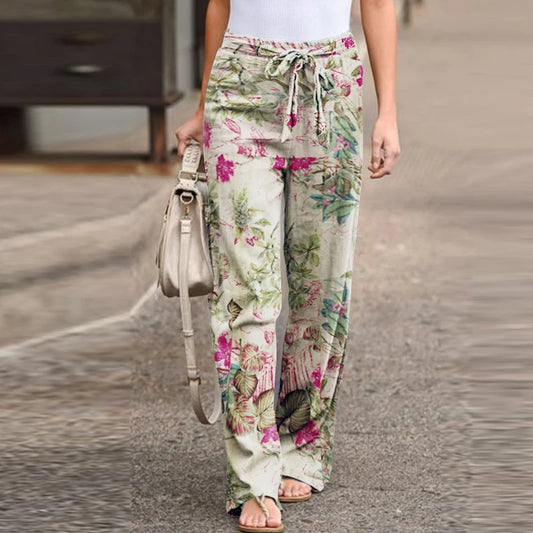 Adora Milano Women Drawstring Trousers Spring Autumn Fashion Floral Printed Wide Leg Pants Ladies Casual