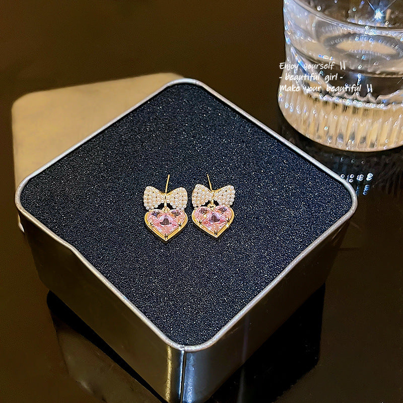 S925 Silver Needle Super Fairy Temperament Long Tassel Flower Earrings Versatile Temperament Pink Zircon Love Earrings Stud Earrings