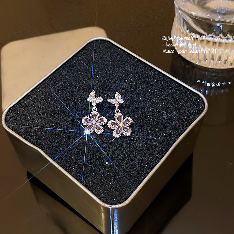 S925 Silver Needle Super Fairy Temperament Long Tassel Flower Earrings Versatile Temperament Pink Zircon Love Earrings Stud Earrings