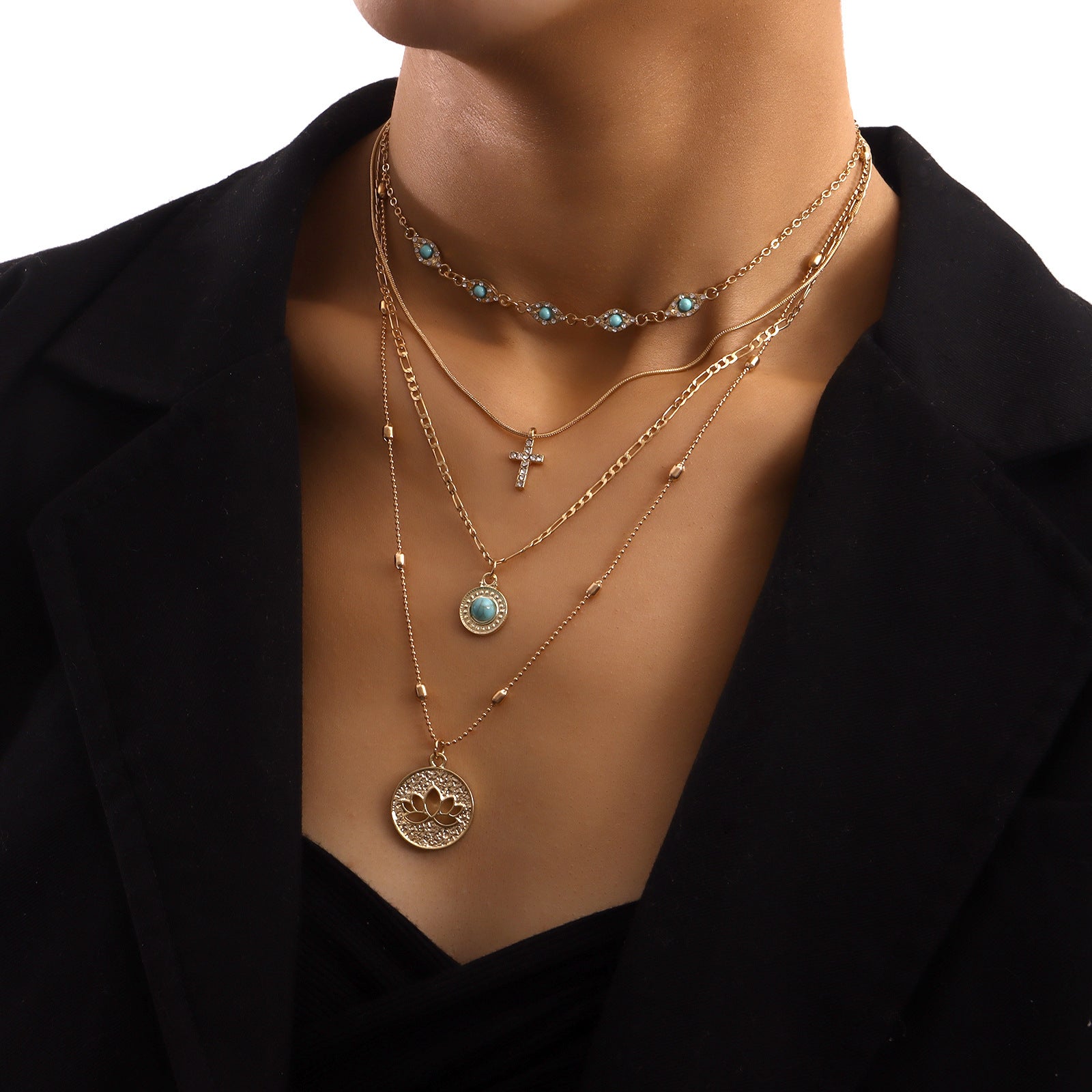 Jewelry Fashion Ins Multi-layer Small Hole Chain Hollow Flower Diamond Cross Pendant Necklace Women