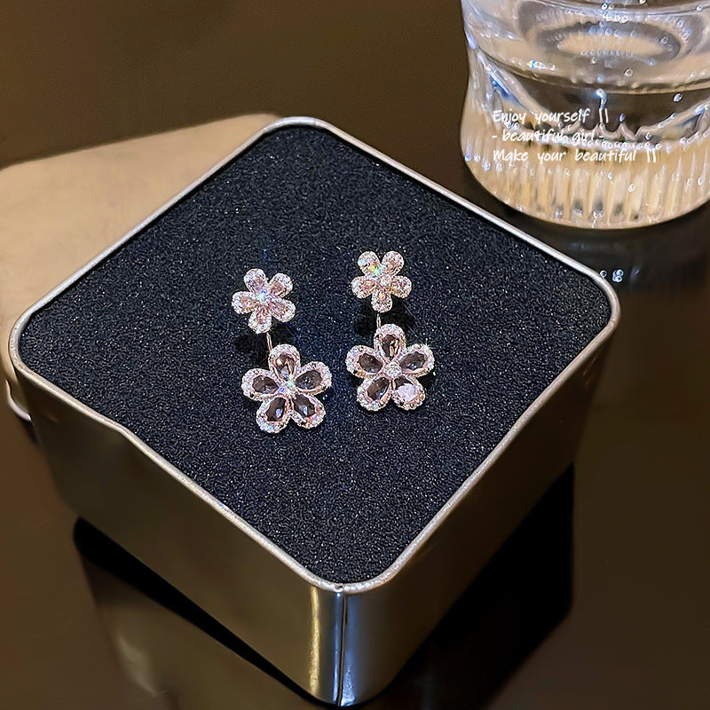 S925 Silver Needle Super Fairy Temperament Long Tassel Flower Earrings Versatile Temperament Pink Zircon Love Earrings Stud Earrings