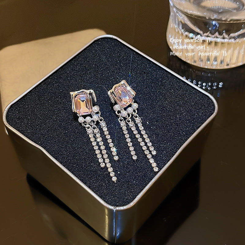 S925 Silver Needle Super Fairy Temperament Long Tassel Flower Earrings Versatile Temperament Pink Zircon Love Earrings Stud Earrings