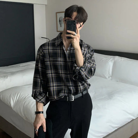 Adora Milano Cotton Shirt Men Fashion Retro Khaki Black Plaid Shirts Mens