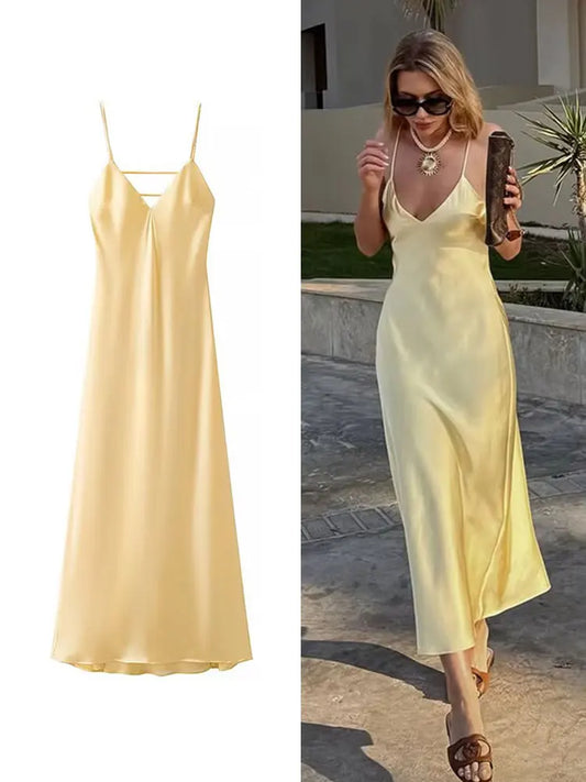 Adora Milano Women Summer Yellow Stain V Neck Sling Dress Elegant Sleeveless Loose  Ladies Party Holiday Dresses