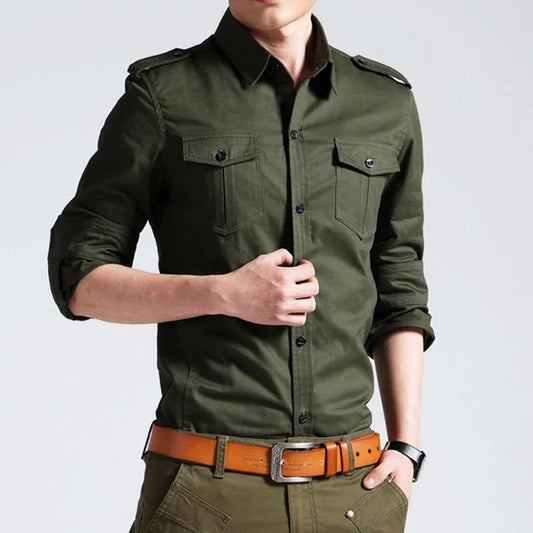 Adora Milano Mens Military Shirts  Long Sleeve Casual Workwear Pocket Shirts Shirts