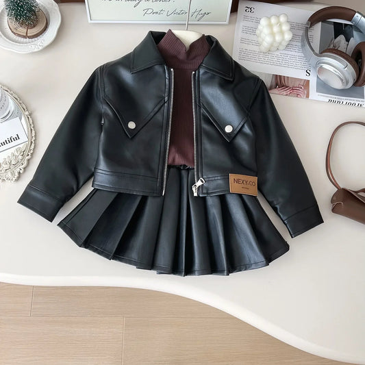 Adora Milano Set for Girls  Solid Leather Top + Solid Leather Pleated Skirt