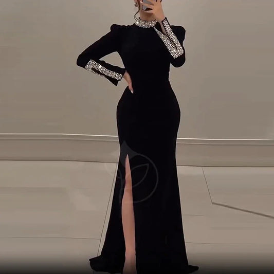 Adora Milano High Slit Party Dress Temperament Long Sleeve Slim  Dress