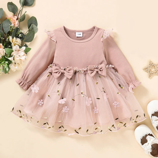 Adora Milano Baby Girl Baby Pink Thin Long Sleeved Princess Flower Mesh Dress