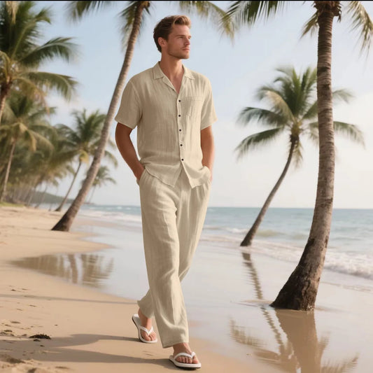 Adora Milano Summer Beach Men's linen short-sleeved shirt set is a two-piece long pants