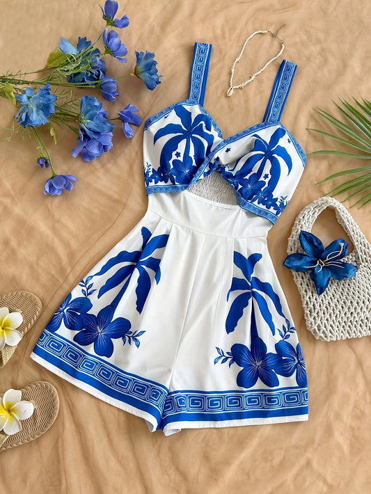 Adora Milano Women's vacation palm tree print hollow waist jumpsuit women's