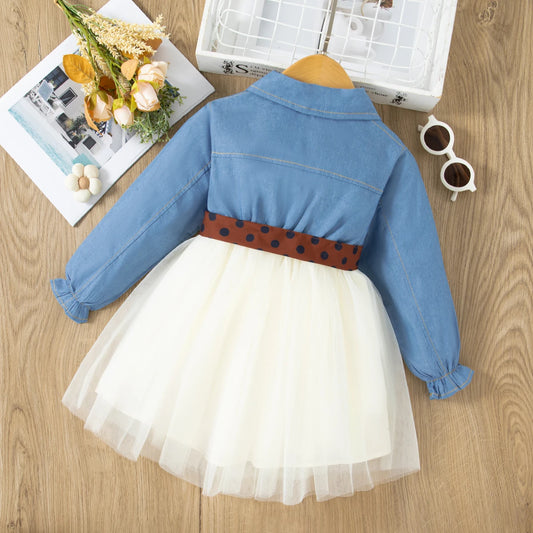 Adora Milano Spring Long Sleeved Dress Girl Denim Blue Dress  Two Pieces