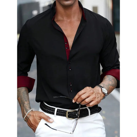 Adora Milano Men's Shirt Brand New Solid Color Long Sleeve Smart Casual Black Elastic