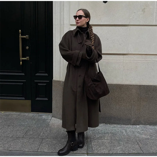 Adora Milano Belt Long Faux Wollen Coat Women Lapel Double Breasted Street Coats  Winter New