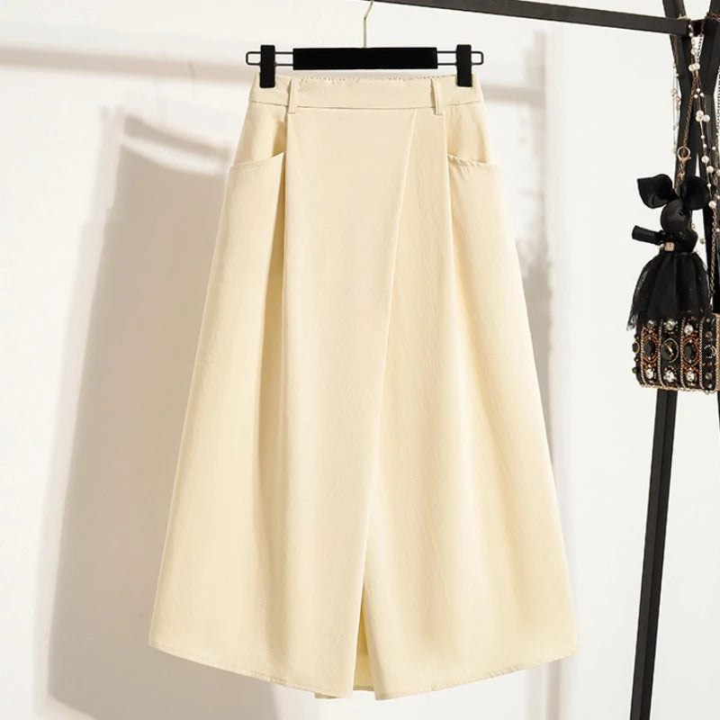 Women Plus Size Skirt Summer 2025 New High Waist Irregular Mid Long Skirt Woman Elastic Waist A Line Pleated Big Size Skirts