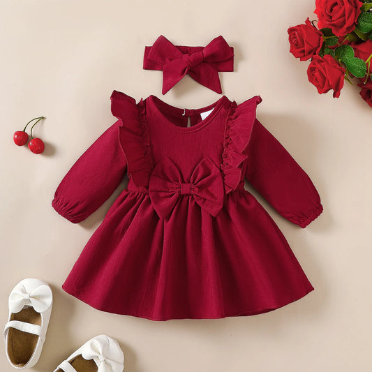 Adora Milano Baby girl  Dress Ruffled Edges and Bow, Long sleeved Dress+Headband for 0-18 Months