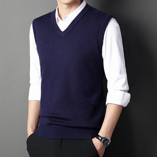 Adora Milano Autumn Winter Men's Solid Color V-neck Knitted Vest Casual Fashion