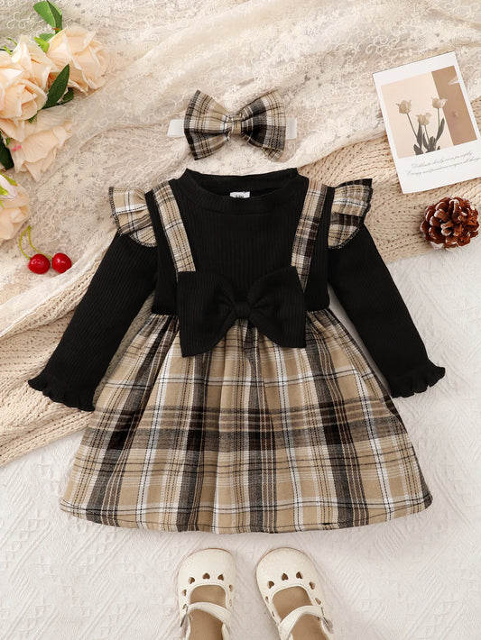 Adora Milano Baby Girl Spring And Autumn Black Checkered  Headband Dress For Daily Outdoor Wear