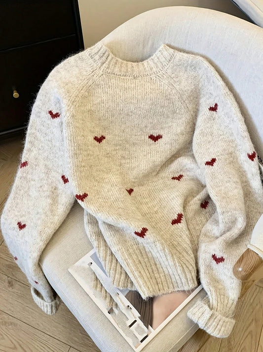 Adora Milano Winter Comfortable Heart Pattern Sweater Pullover Round Neck Top Sweater