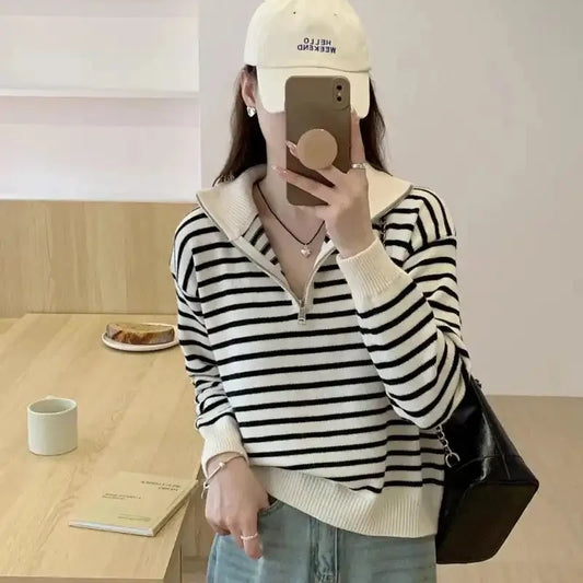 Adora Milano Women's Black White Striped Mock Neck Half-Zip Knit Sweater
