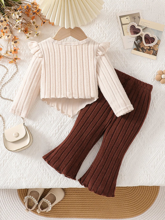 Adora Milano Baby girl bow top with brown bell bottom pants set