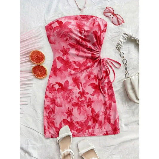 Adora Milano Women's Floral Print Tube Mini Dress Strapless Backless Party Club Short