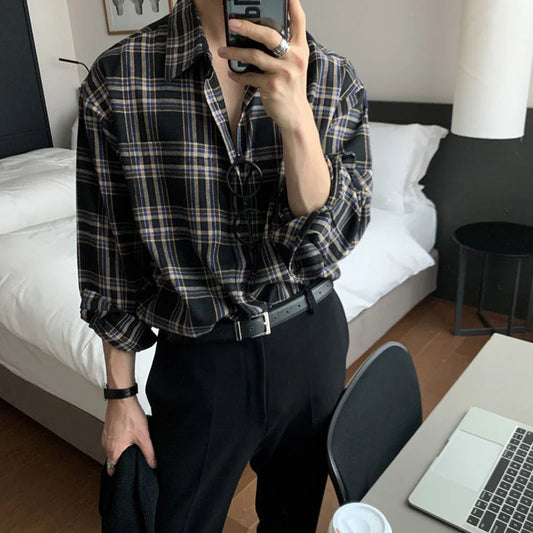 Adora Milano Cotton Shirt Men Fashion Retro Khaki Black Plaid Shirts Mens