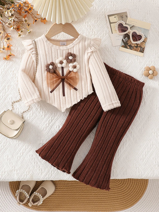 Adora Milano Baby girl bow top with brown bell bottom pants set