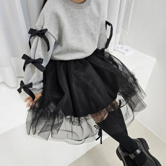 Adora Milano  Girls Clothes Autumn Gray Long Sleeved Bow Top+Black