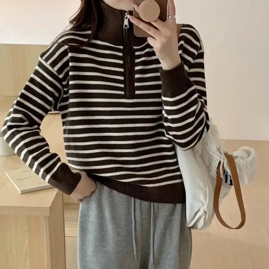 Adora Milano Women's Black White Striped Mock Neck Half-Zip Knit Sweater