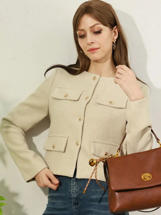 Adora Milano Women Casual O-Neck Coat Casual Single Breasted  Jakcets