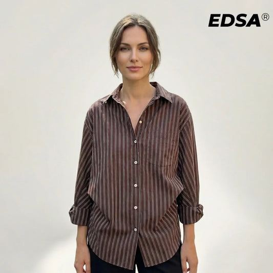 Adora Milano Women Brown Batwing Stripe Shirt Long Sleeves