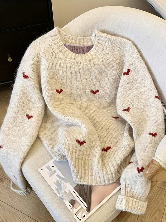 Adora Milano Winter Comfortable Heart Pattern Sweater Pullover Round Neck Top Sweater