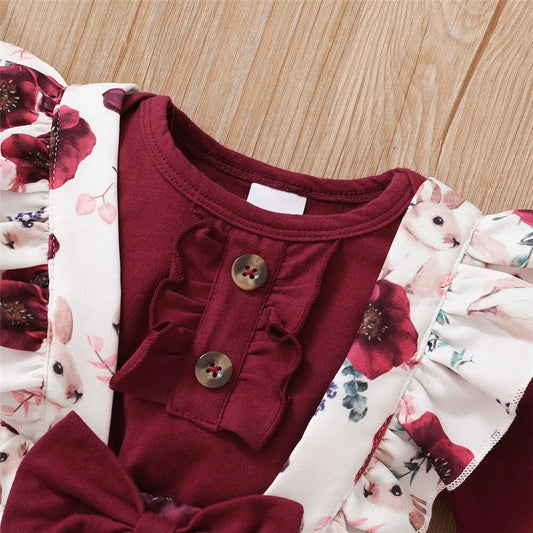 Adora Milano Newborn Baby Girl  Clothes Set Long Sleeve Romper+Flower Strap Pants+Headband Spring&Autumn