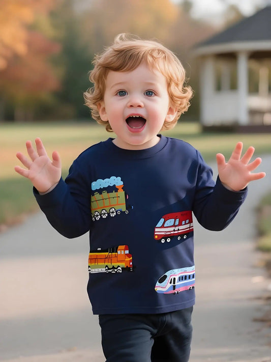 Adora Milano Toddler Boy Navy Long Sleeve Tee - Colorful Train Graphic Shirt