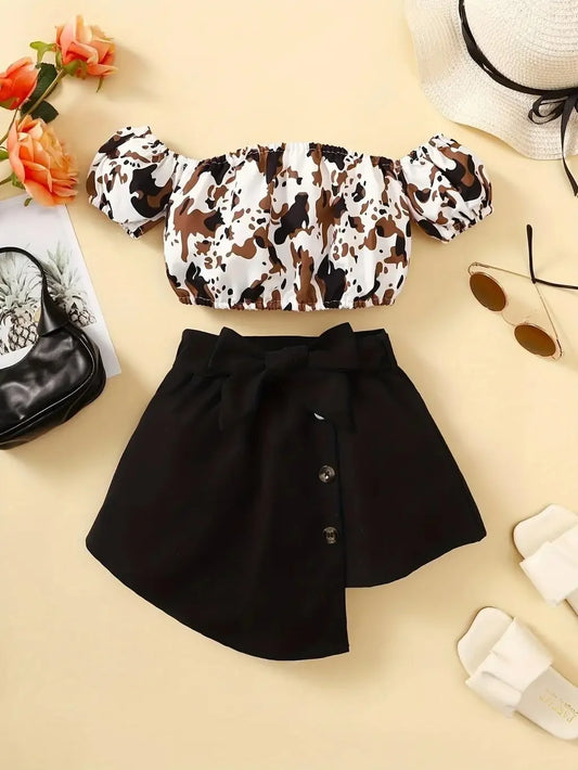 Adora Milano Toddlers Girl Summer Clothes Set Off Shoulder Leopard Print Top+Short Skirt