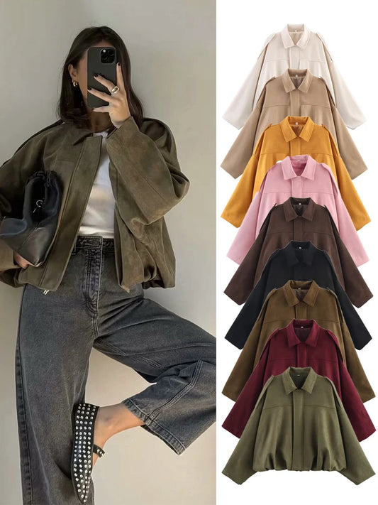 Adora Milano Women Suede  Jacket Spring New Fashion Long Sleeve Zipper Oversize